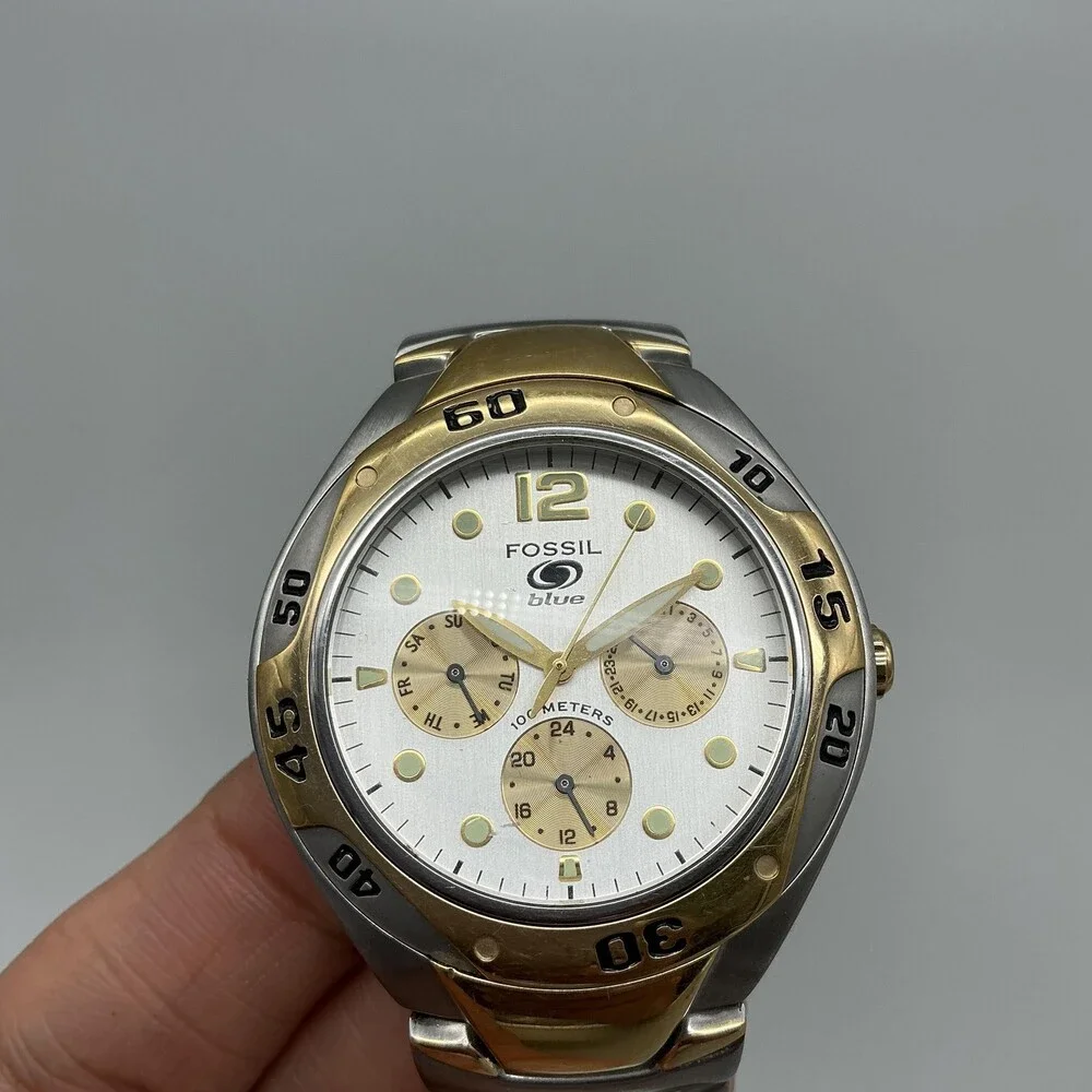 Fossil Blue BQ-9094 Mens Watch 40mm Silver Two Tone Stainless New Battery 6.5